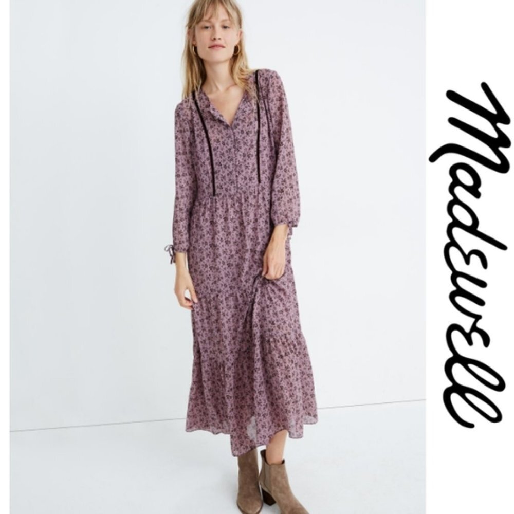 Madewell Long Sleeve Purple Tiered Floral Maxi Dress
